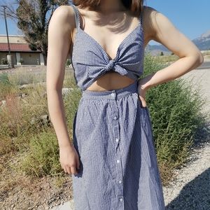 Tie Front Plaid Midi Dress in Blue and White